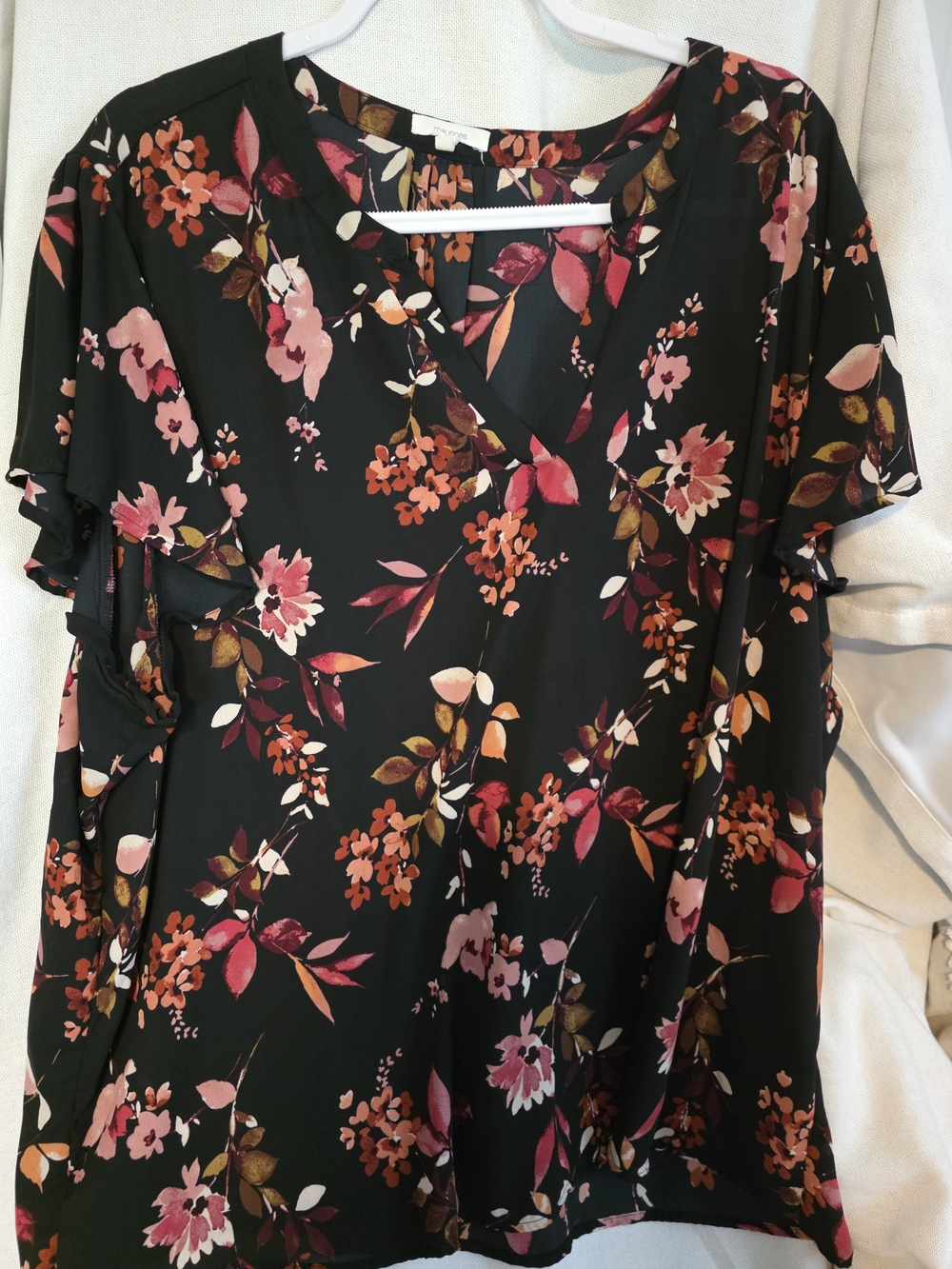 Maurices Black Floral V-Neck Ruffle Sleeve Blouse - Pink & Coral Accents